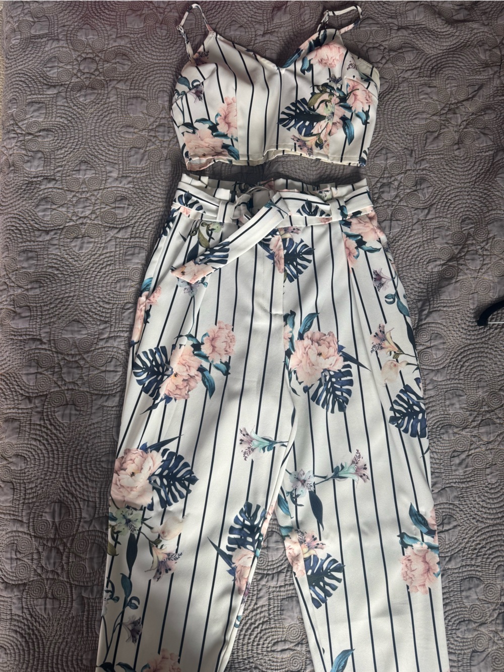 AKIRA White Striped Floral Two-Piece Jumpsuit with Florals